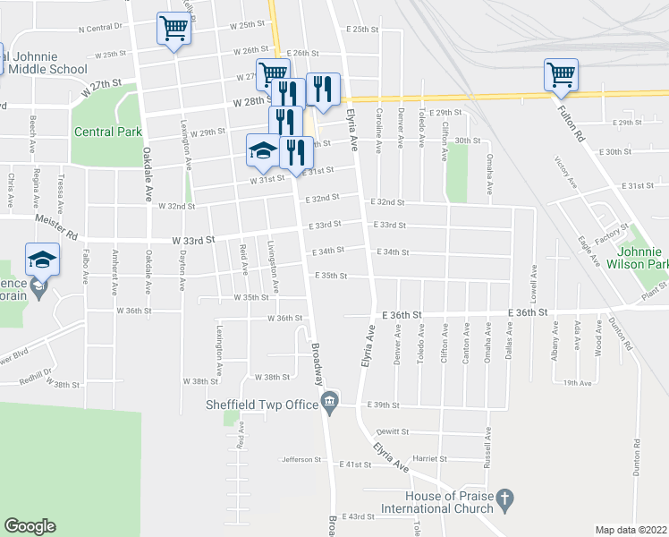 map of restaurants, bars, coffee shops, grocery stores, and more near 127 East 35th Street in Lorain