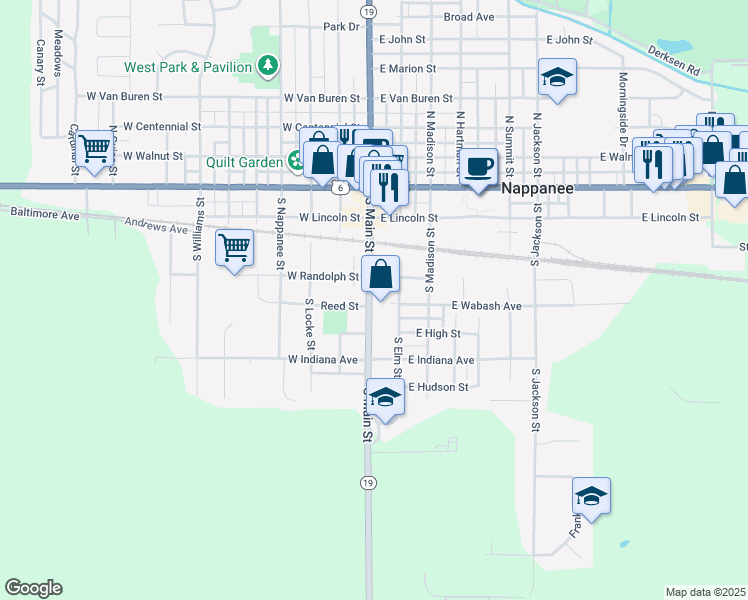 map of restaurants, bars, coffee shops, grocery stores, and more near 455 South Main Street in Nappanee