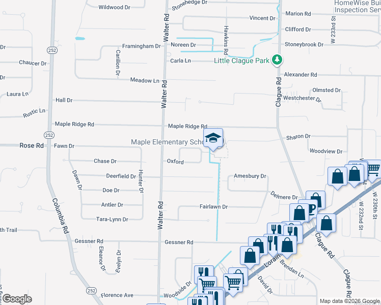 map of restaurants, bars, coffee shops, grocery stores, and more near 24317 North Oxford Oval in North Olmsted