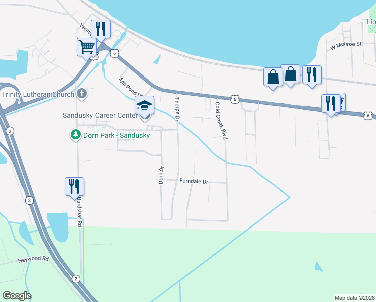map of restaurants, bars, coffee shops, grocery stores, and more near 705 Walnut Ridge Lane in Sandusky
