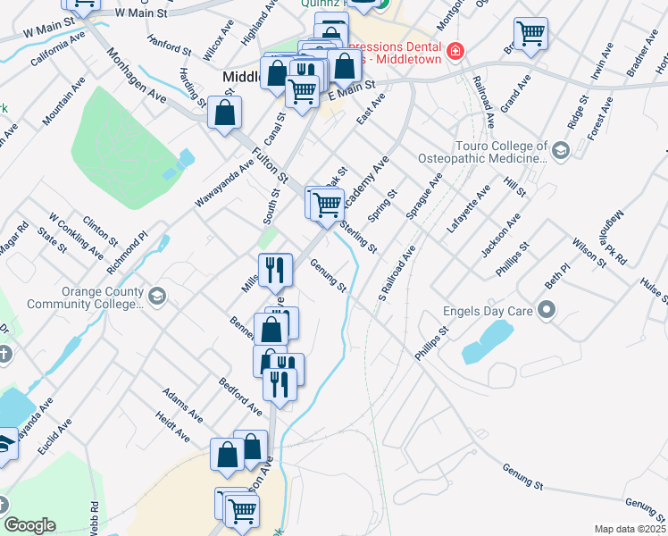 map of restaurants, bars, coffee shops, grocery stores, and more near 35 Genung Street in Middletown