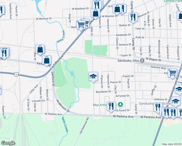 map of restaurants, bars, coffee shops, grocery stores, and more near 1805 Mills Street in Sandusky