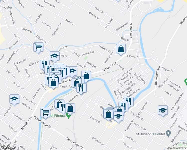 map of restaurants, bars, coffee shops, grocery stores, and more near 2118 North Main Avenue in Scranton