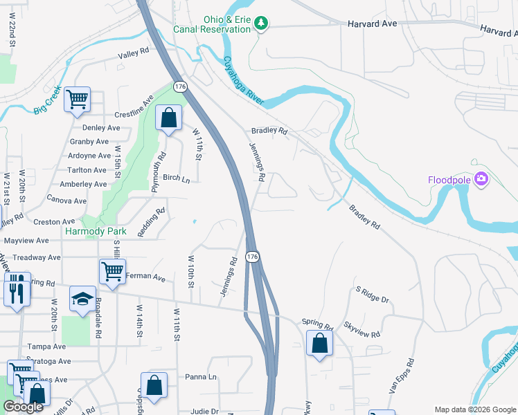 map of restaurants, bars, coffee shops, grocery stores, and more near 892 Gino Lane in Cleveland