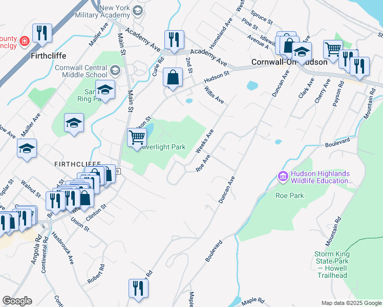 map of restaurants, bars, coffee shops, grocery stores, and more near 104 Weeks Avenue in Cornwall-on-Hudson