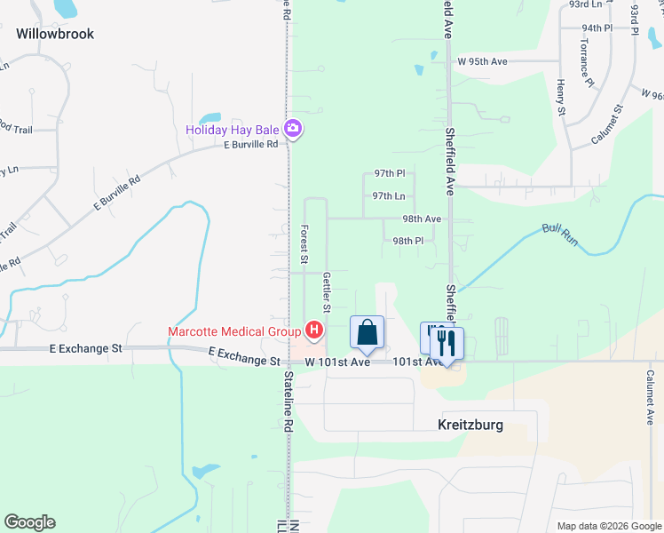 map of restaurants, bars, coffee shops, grocery stores, and more near 9917 Gettler Street in Dyer