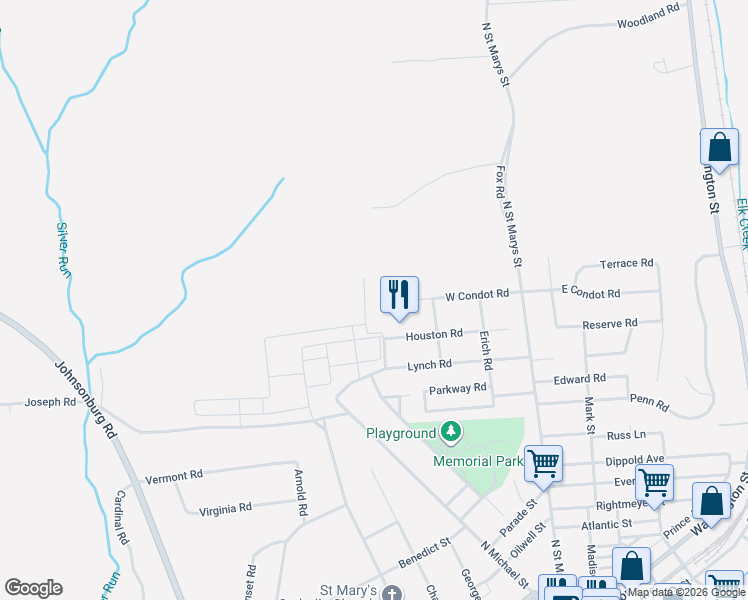 map of restaurants, bars, coffee shops, grocery stores, and more near 106 Forest Road in St. Marys