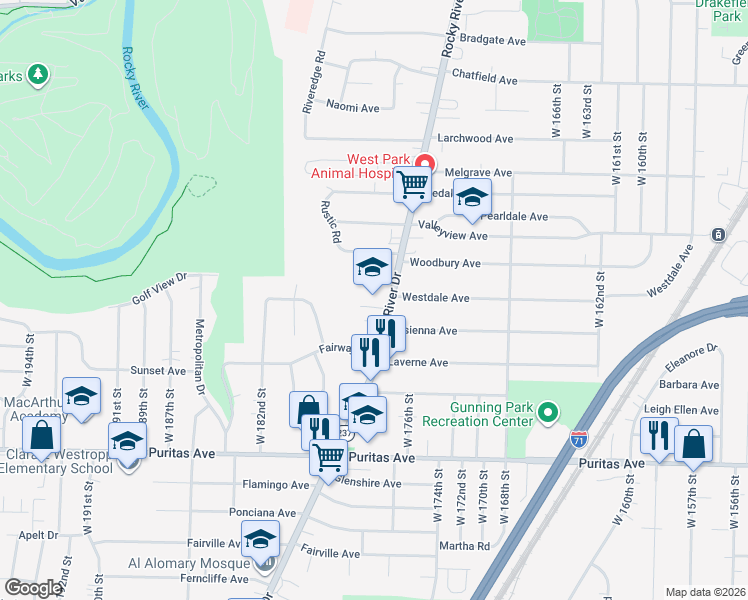 map of restaurants, bars, coffee shops, grocery stores, and more near 4260 Rocky River Drive in Cleveland