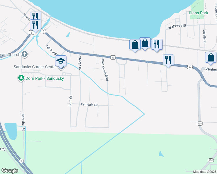 map of restaurants, bars, coffee shops, grocery stores, and more near 622 Cold Creek Boulevard in Sandusky