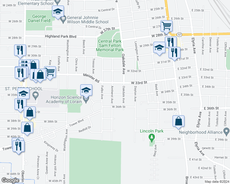 map of restaurants, bars, coffee shops, grocery stores, and more near 3363 Amherst Avenue in Lorain