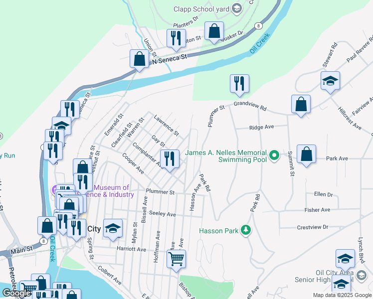 map of restaurants, bars, coffee shops, grocery stores, and more near 36 Manning Street in Oil City