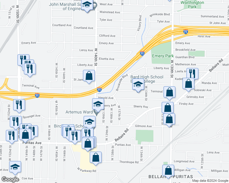 map of restaurants, bars, coffee shops, grocery stores, and more near 4276 Brookside Boulevard in Cleveland