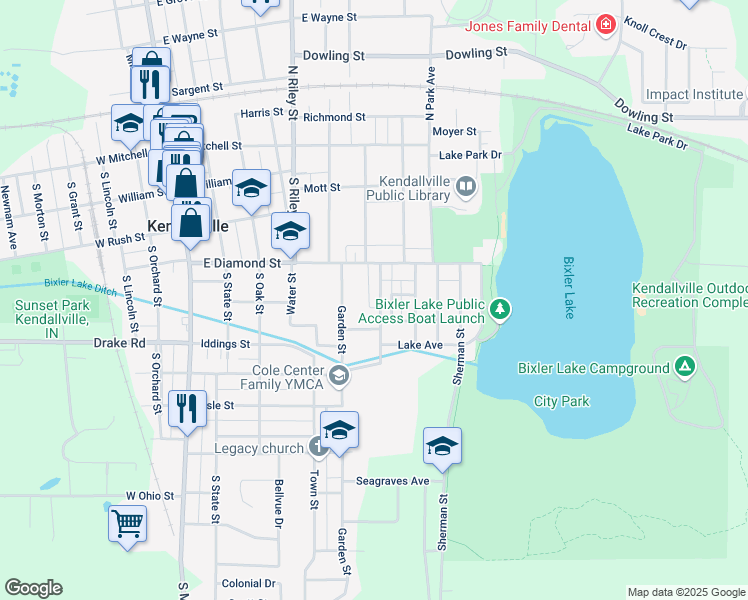 map of restaurants, bars, coffee shops, grocery stores, and more near 440 Freeman Street in Kendallville