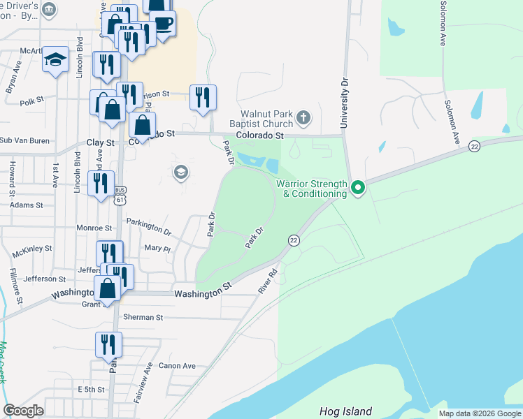 map of restaurants, bars, coffee shops, grocery stores, and more near 1 Park Drive in Muscatine
