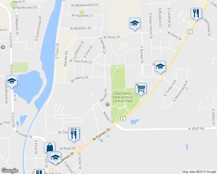map of restaurants, bars, coffee shops, grocery stores, and more near 24425 South Navajo Drive in Channahon
