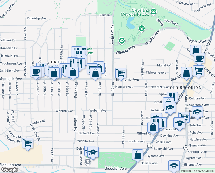 map of restaurants, bars, coffee shops, grocery stores, and more near 4313 West 48th Street in Cleveland