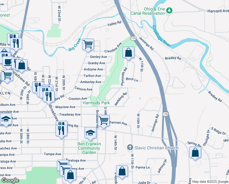 map of restaurants, bars, coffee shops, grocery stores, and more near 1326 Plymouth Rd in Cleveland