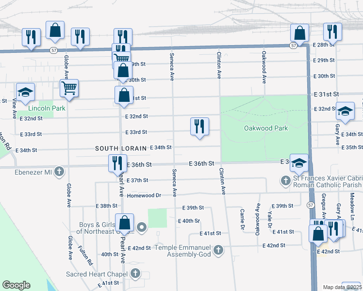 map of restaurants, bars, coffee shops, grocery stores, and more near 1911 East 34th Street in Lorain
