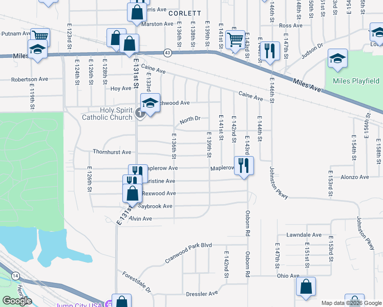 map of restaurants, bars, coffee shops, grocery stores, and more near 13715 Thornhurst Avenue in Garfield Heights