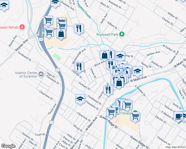 map of restaurants, bars, coffee shops, grocery stores, and more near 326 1/2 Warren Street in Scranton