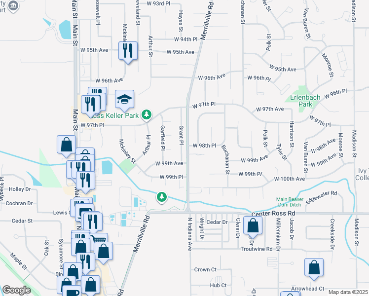 map of restaurants, bars, coffee shops, grocery stores, and more near 9865 Grant Place in Crown Point