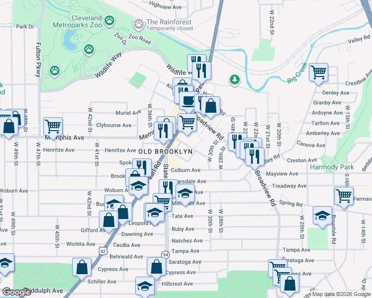 map of restaurants, bars, coffee shops, grocery stores, and more near 3333 Devonshire Road in Cleveland