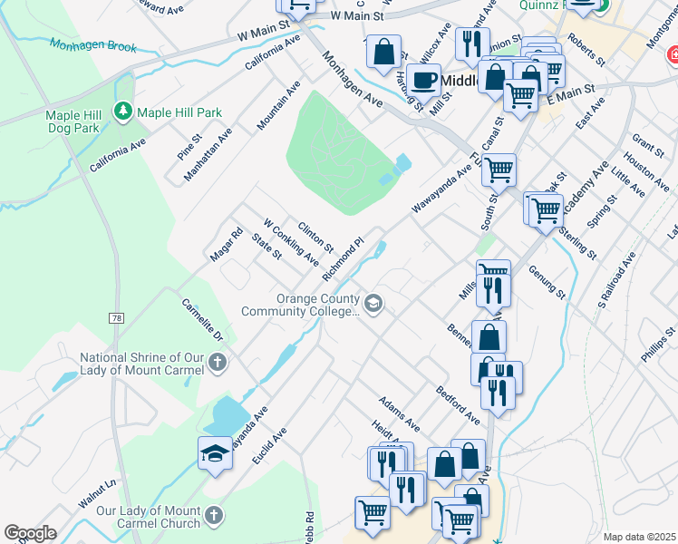 map of restaurants, bars, coffee shops, grocery stores, and more near 102 Wawayanda Avenue in Middletown