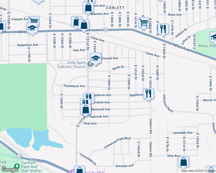 map of restaurants, bars, coffee shops, grocery stores, and more near 13513 Thornhurst Avenue in Garfield Heights