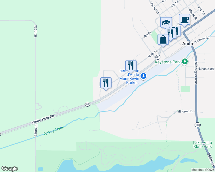 map of restaurants, bars, coffee shops, grocery stores, and more near 1806 Main Street in Anita