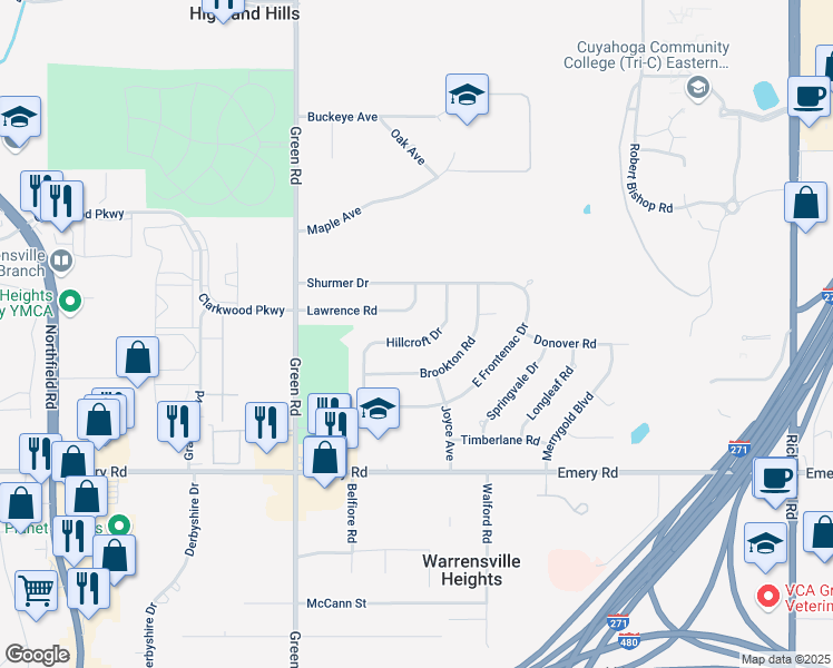 map of restaurants, bars, coffee shops, grocery stores, and more near 23653 Hillcroft Drive in Warrensville Heights
