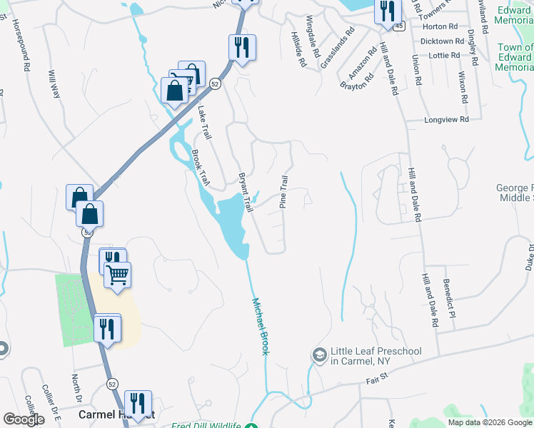 map of restaurants, bars, coffee shops, grocery stores, and more near 10 Oak Trail Court in Carmel Hamlet