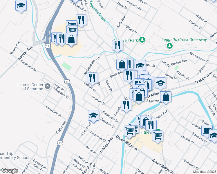 map of restaurants, bars, coffee shops, grocery stores, and more near 319 Green Street in Scranton