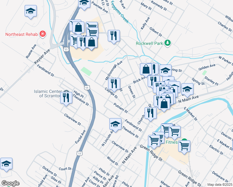 map of restaurants, bars, coffee shops, grocery stores, and more near 1710 Brick Avenue in Scranton