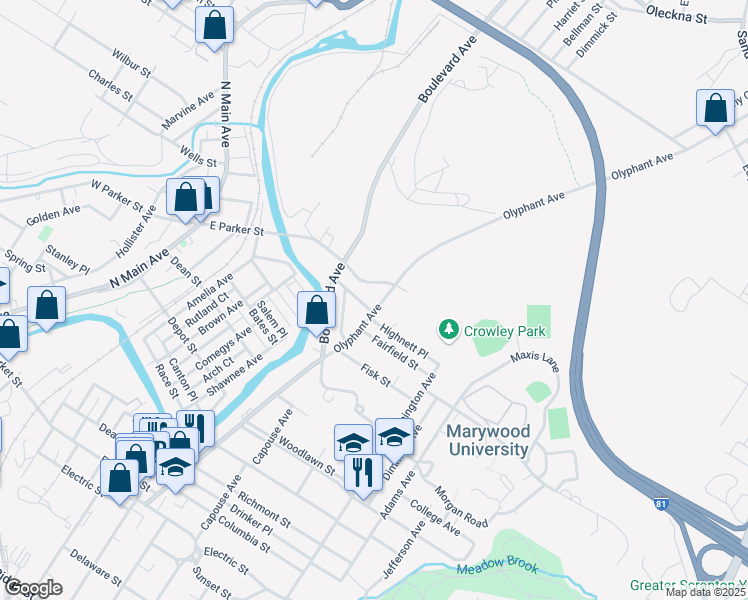 map of restaurants, bars, coffee shops, grocery stores, and more near 2633 Olyphant Avenue in Scranton