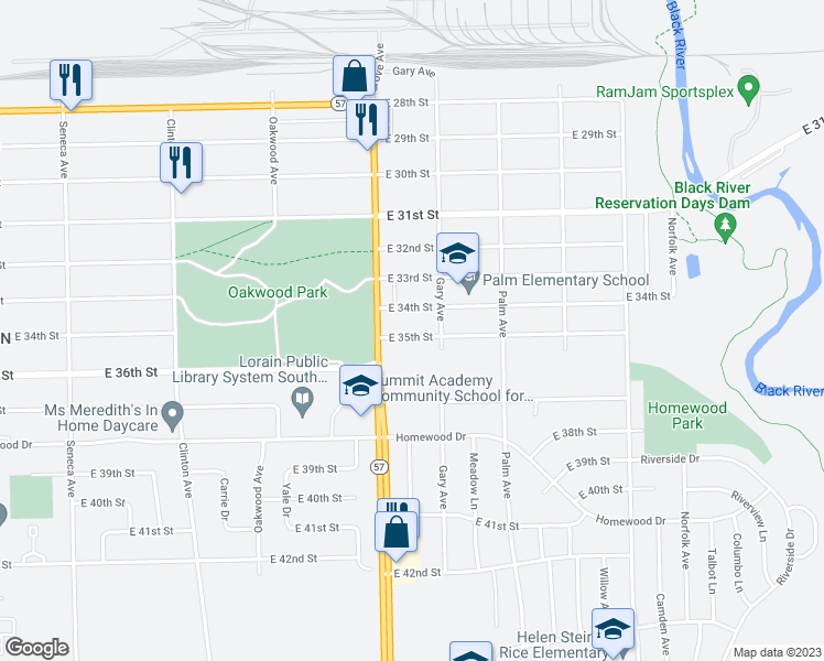 map of restaurants, bars, coffee shops, grocery stores, and more near 2225 East 35th Street in Lorain