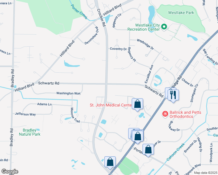 map of restaurants, bars, coffee shops, grocery stores, and more near 29321 Schwartz Road in Westlake