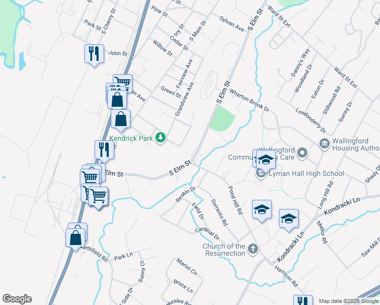 map of restaurants, bars, coffee shops, grocery stores, and more near 461 South Elm Street in Wallingford