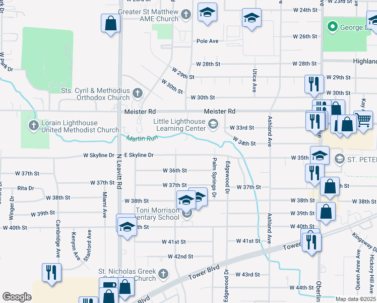 map of restaurants, bars, coffee shops, grocery stores, and more near 1824 East Skyline Drive in Lorain