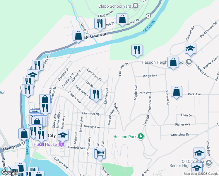 map of restaurants, bars, coffee shops, grocery stores, and more near 36 Manning Street in Oil City