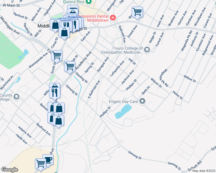 map of restaurants, bars, coffee shops, grocery stores, and more near 88 Washington Street in Middletown