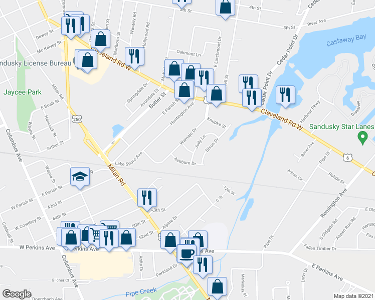 map of restaurants, bars, coffee shops, grocery stores, and more near West Susan Lane in Sandusky