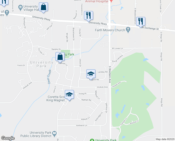 map of restaurants, bars, coffee shops, grocery stores, and more near 532 Landau Road in University Park