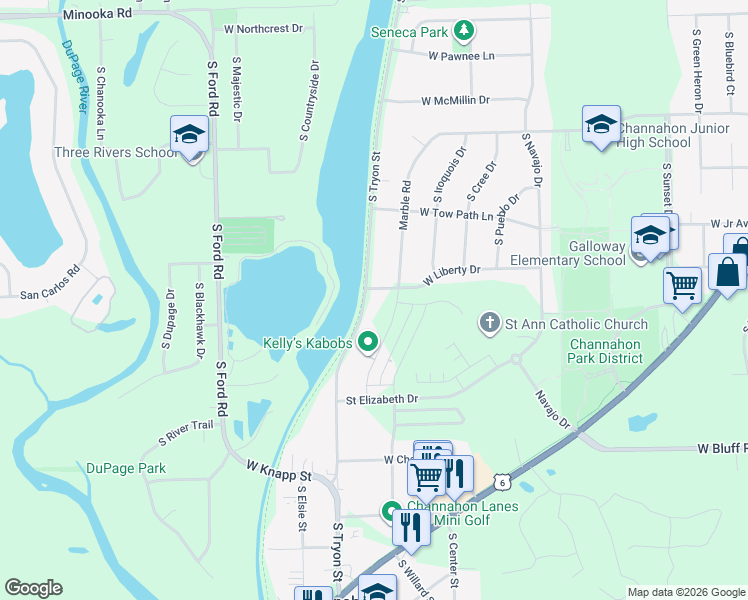 map of restaurants, bars, coffee shops, grocery stores, and more near 24409 South Tryon Street in Channahon