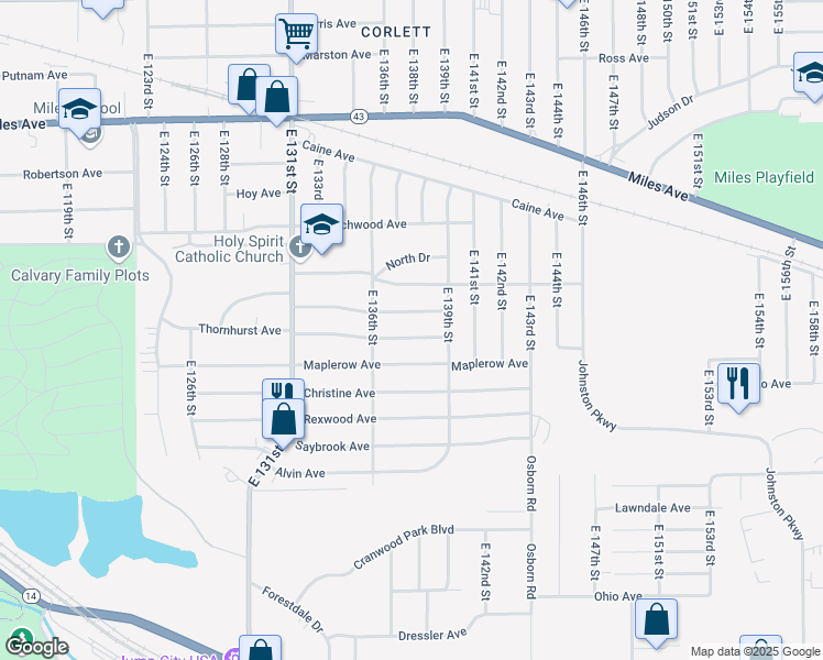 map of restaurants, bars, coffee shops, grocery stores, and more near 13715 Thornhurst Ave in Garfield Heights