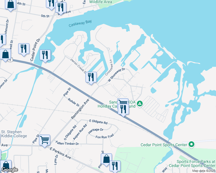 map of restaurants, bars, coffee shops, grocery stores, and more near 1612 West Sprucewood Drive in Sandusky