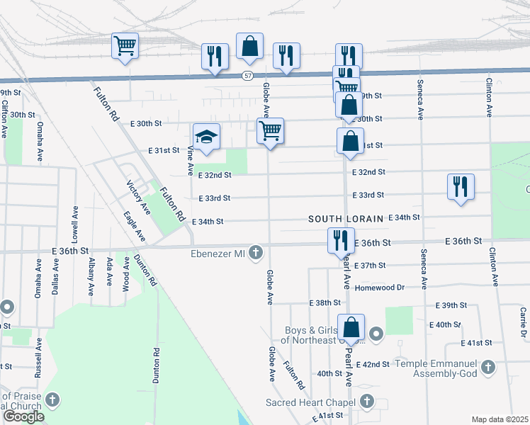 map of restaurants, bars, coffee shops, grocery stores, and more near 1695 East 34th Street in Lorain