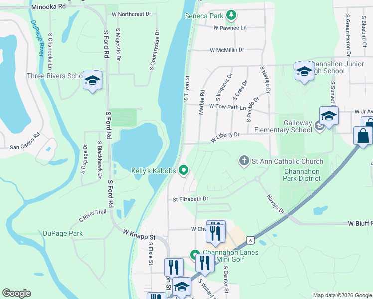 map of restaurants, bars, coffee shops, grocery stores, and more near 24409 South Tryon Street in Channahon
