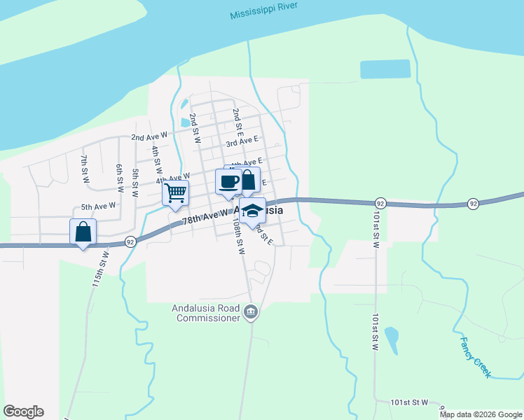 map of restaurants, bars, coffee shops, grocery stores, and more near 206 6th Avenue East in Andalusia