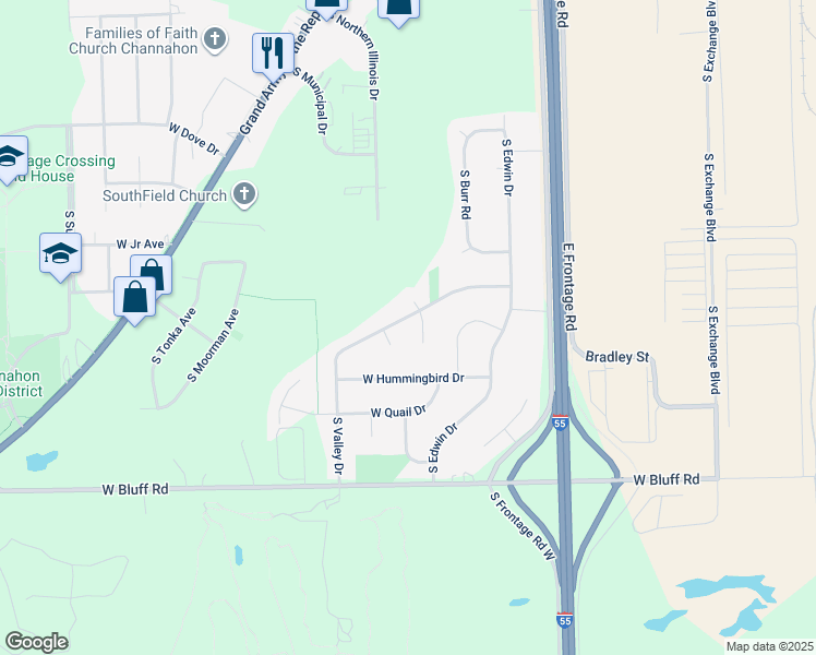 map of restaurants, bars, coffee shops, grocery stores, and more near 24405 South Valley Drive in Channahon