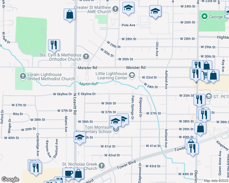 map of restaurants, bars, coffee shops, grocery stores, and more near 1824 E Skyline Dr in Lorain